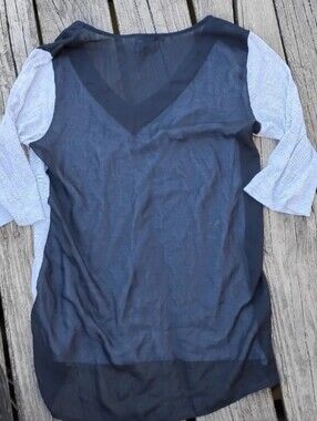 BKE Black V-Neck Layered Top with Light Gray Sleeves